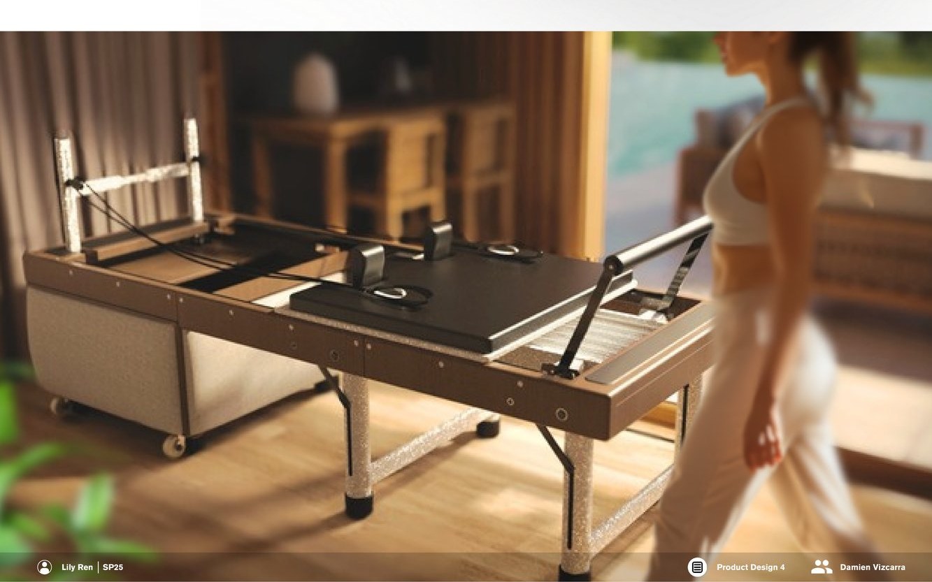 FORMÄ reformer in a warm interior, woman walking past — a Pilates reformer that folds into an ottoman