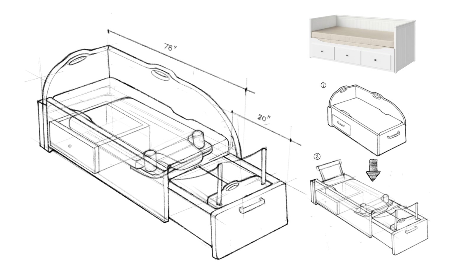 Hand sketch with IKEA daybed reference, 76 by 20 dimensions
