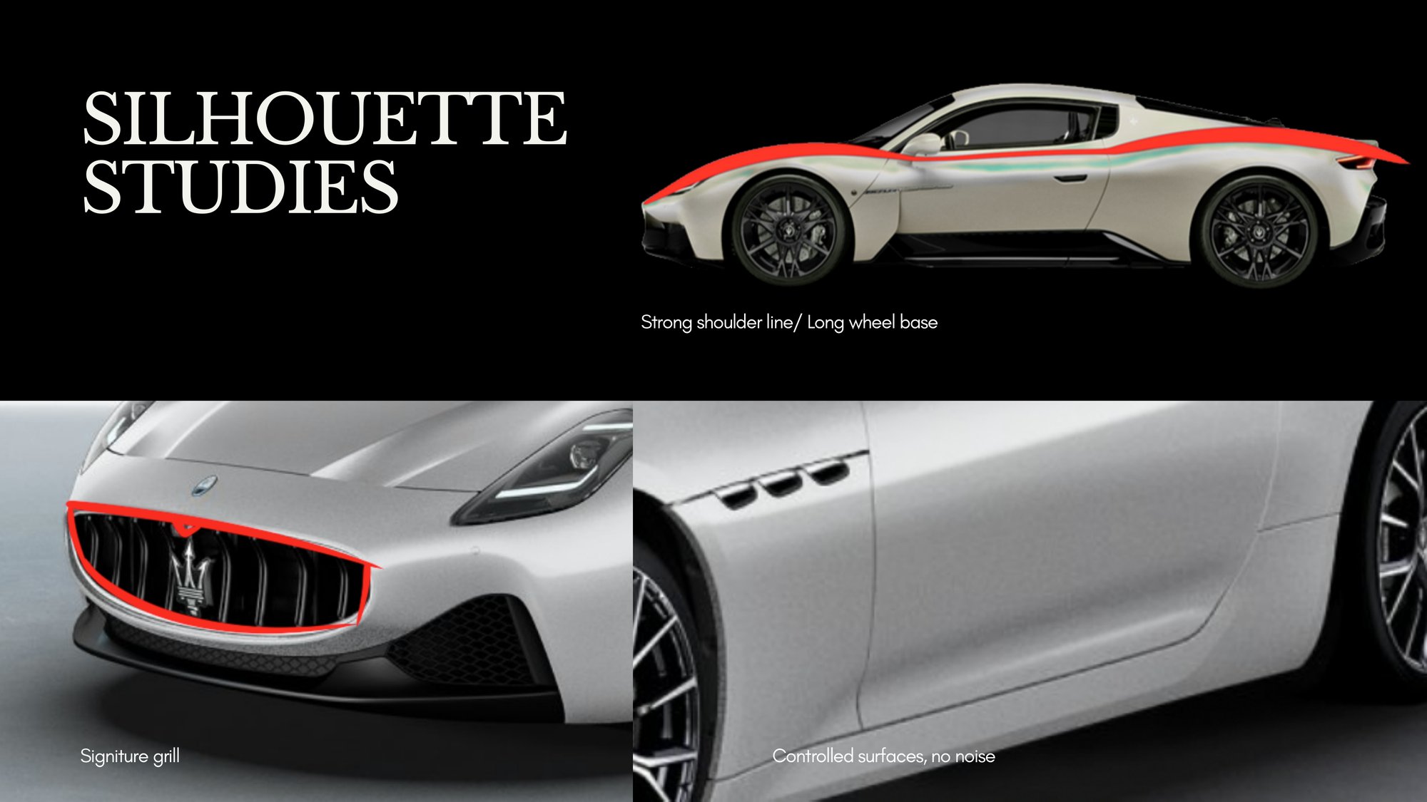 Silhouette studies — controlled surfaces, signature grille, strong shoulder line