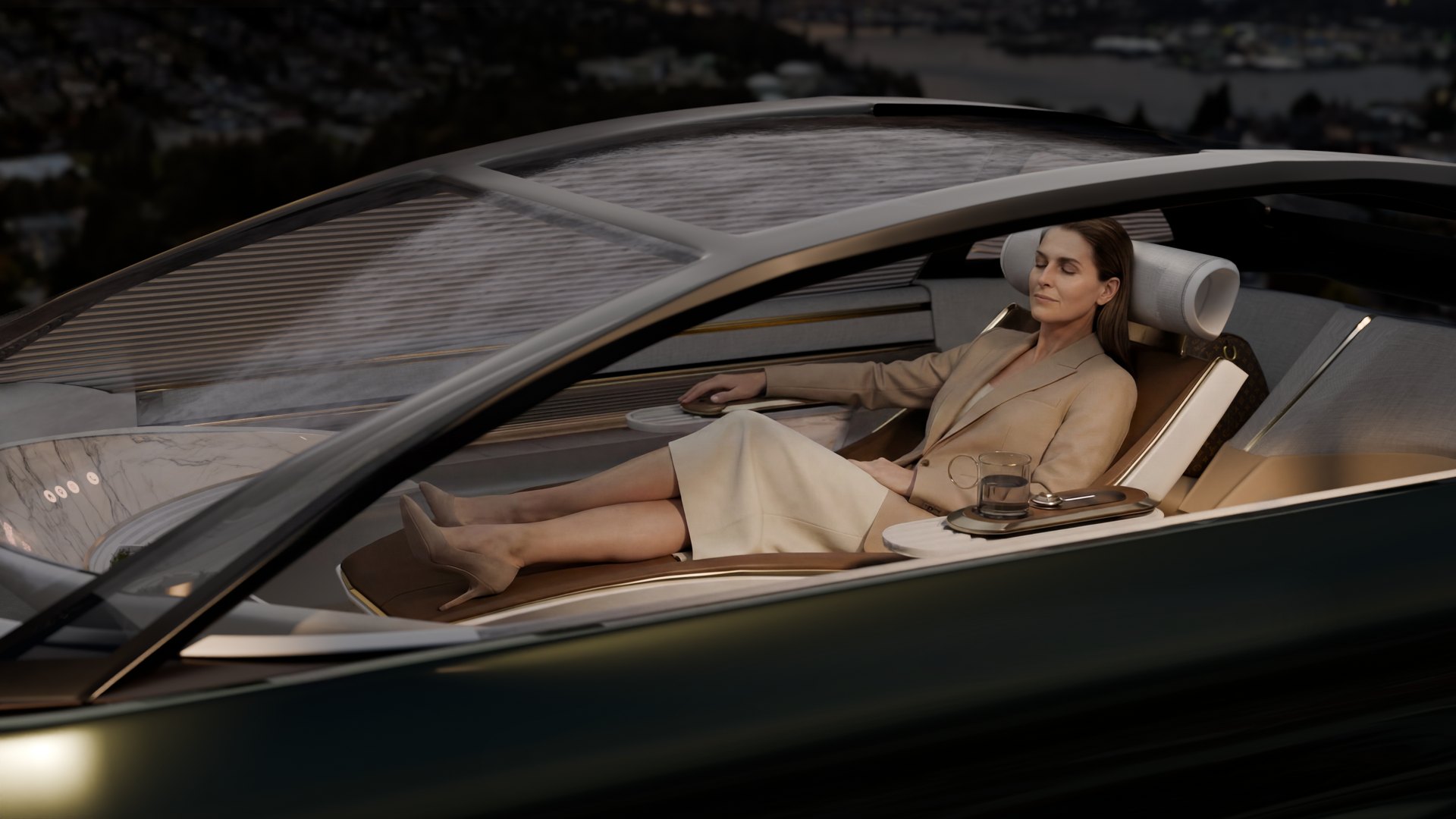 Bella reclined in Zero-G inside the cabin, glass shell with hillside beyond — privacy, performed