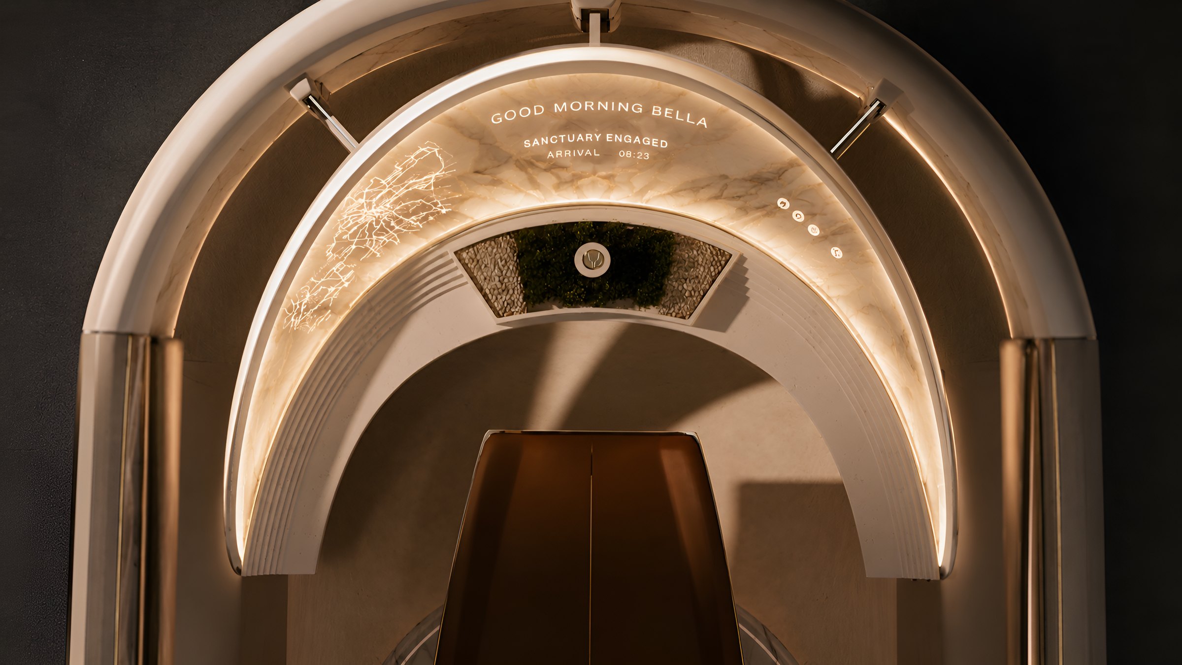 The cabin in sanctuary mode — interior view through the arch
