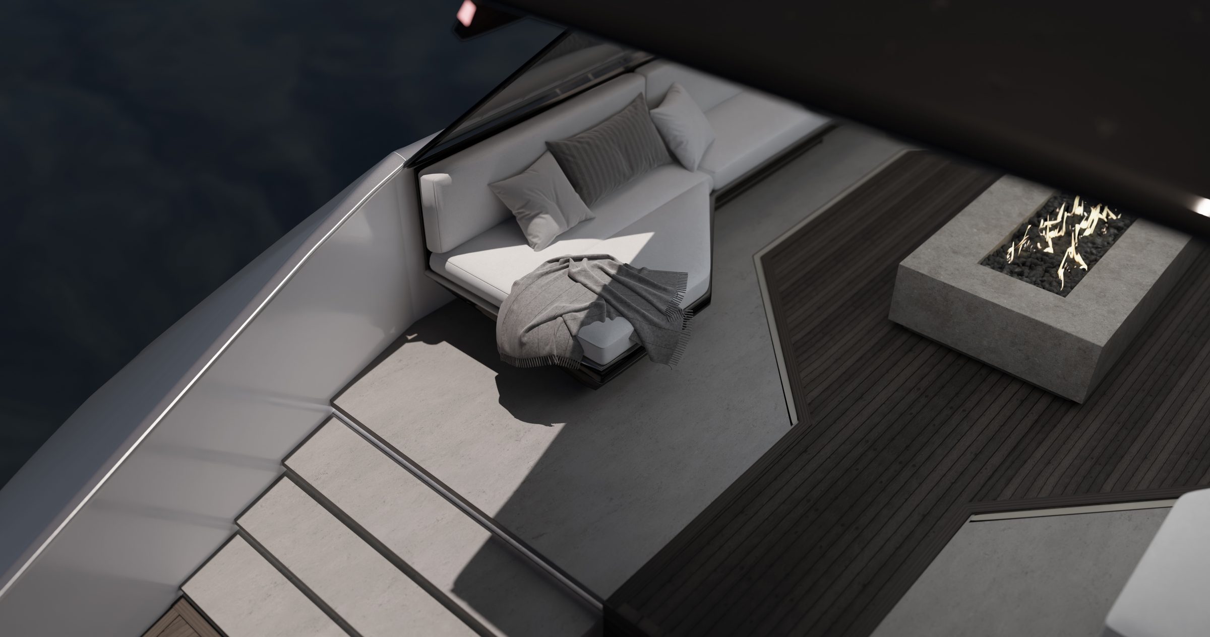 Lounge at dusk — from the central stair