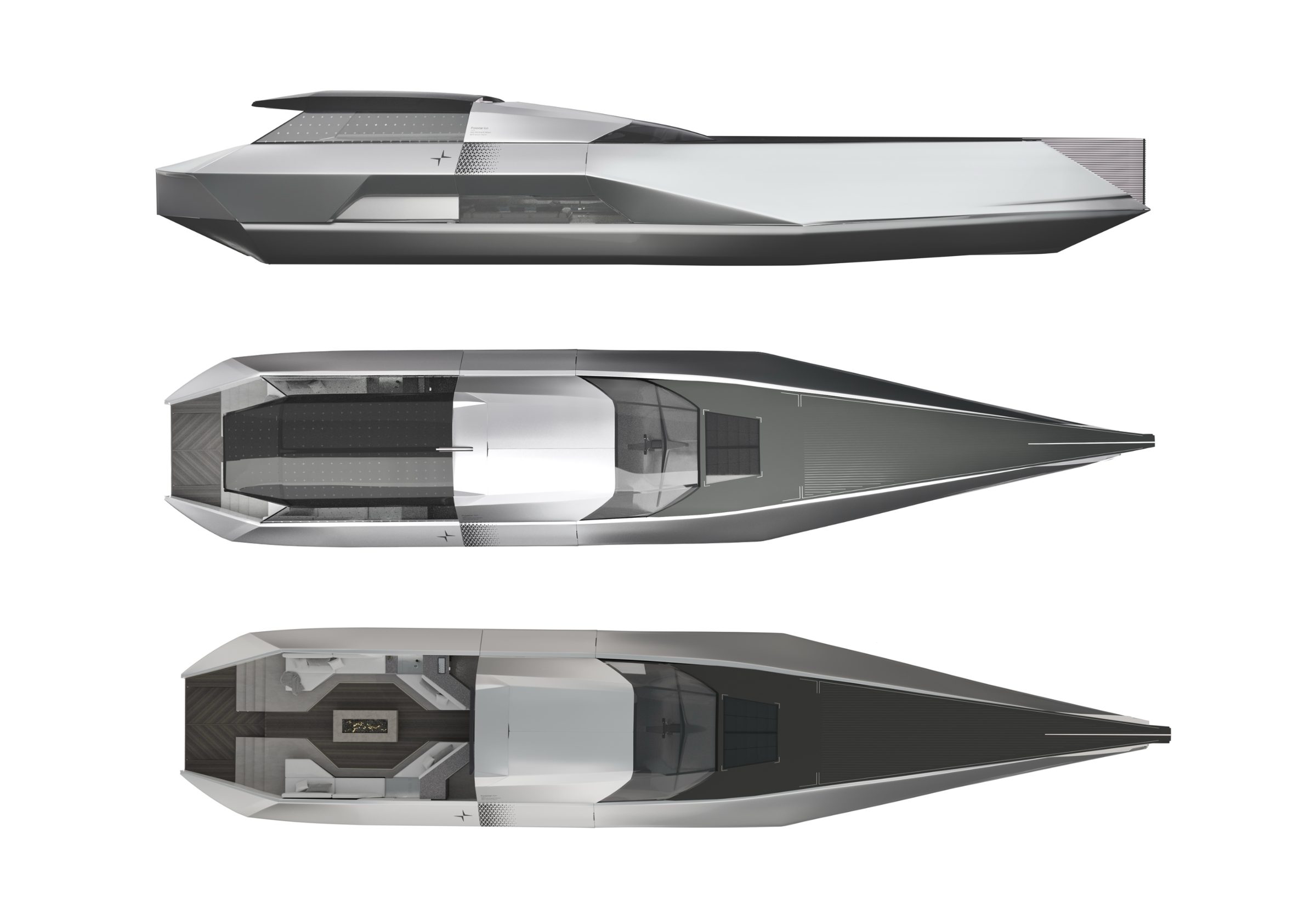 Orthographic render — side profile, top view, main deck view