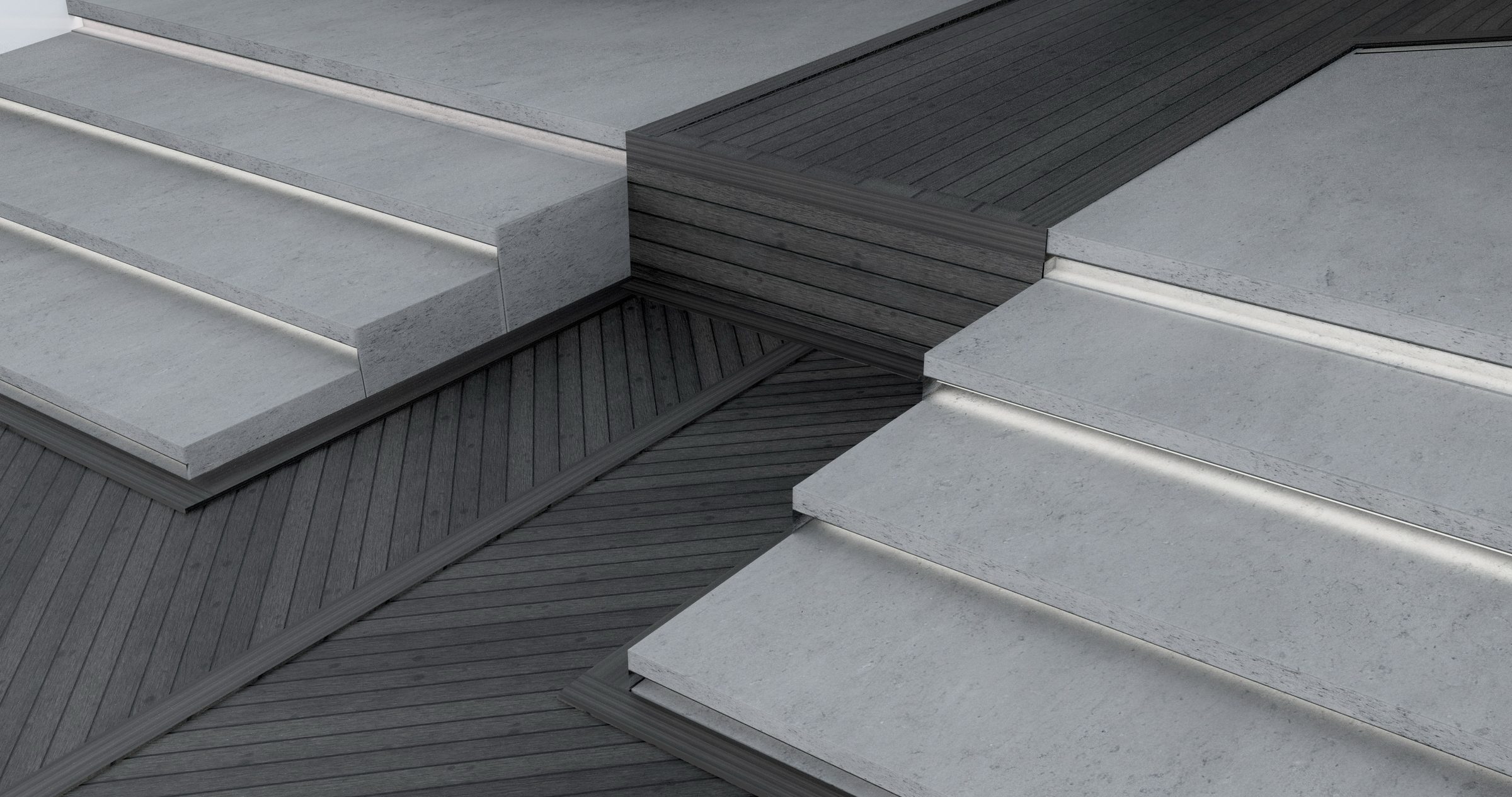 Stair detail — material transition + step lighting