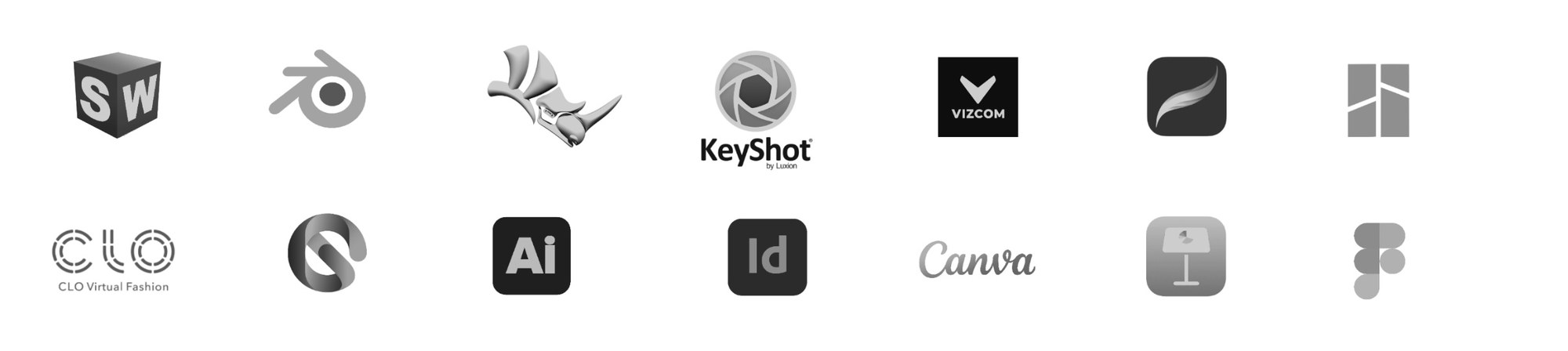 Software stack — SolidWorks, Blender, Rhino, KeyShot, Vizcom, CLO Virtual Fashion, Illustrator, InDesign, Canva, Keynote, Figma